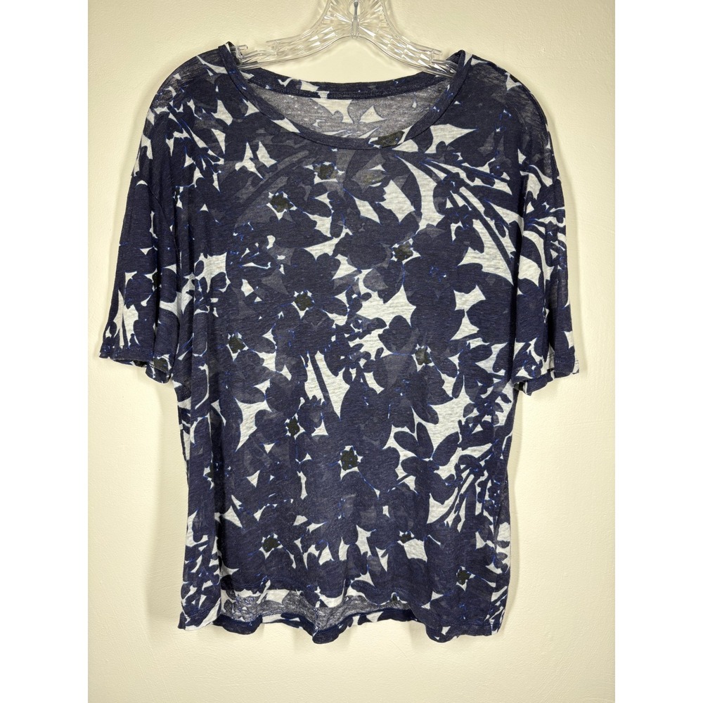 Majestic Filatures Linen Floral Tee Large Navy Blue White Sheer Luxury Summer